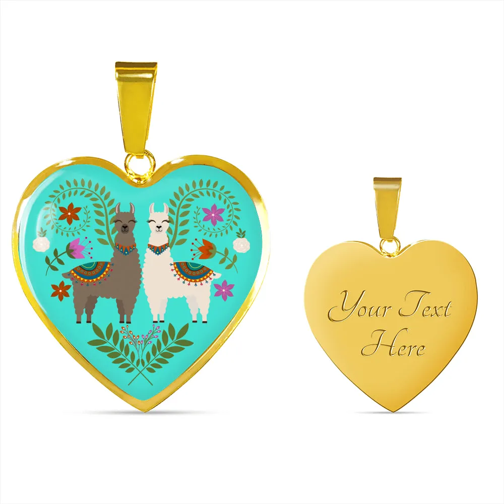 Llama and Flower Design on Turquoise Background Heart Shaped Pendant In Gold or Silver
