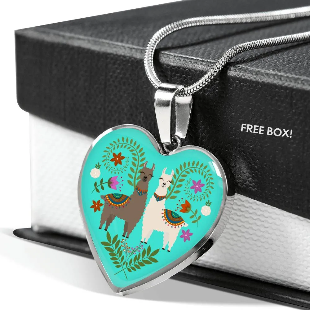Llama and Flower Design on Turquoise Background Heart Shaped Pendant In Gold or Silver