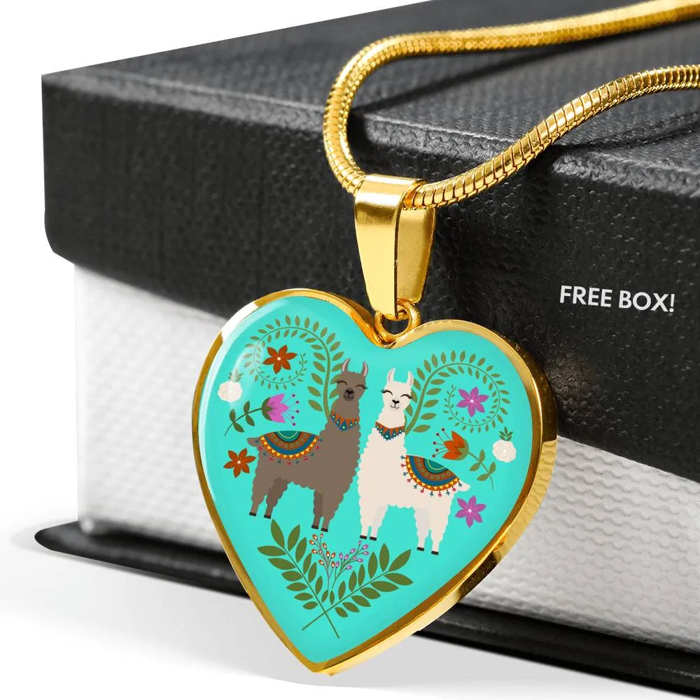 Llama and Flower Design on Turquoise Background Heart Shaped Pendant In Gold or Silver