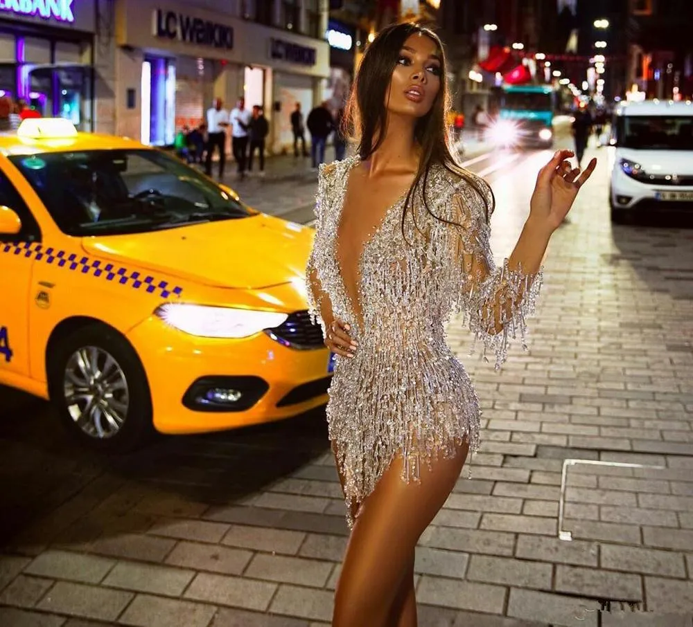 Long Sleeve Deep V Neck Crystal Beads Dress