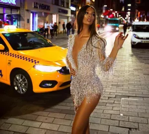 Long Sleeve Deep V Neck Crystal Beads Dress