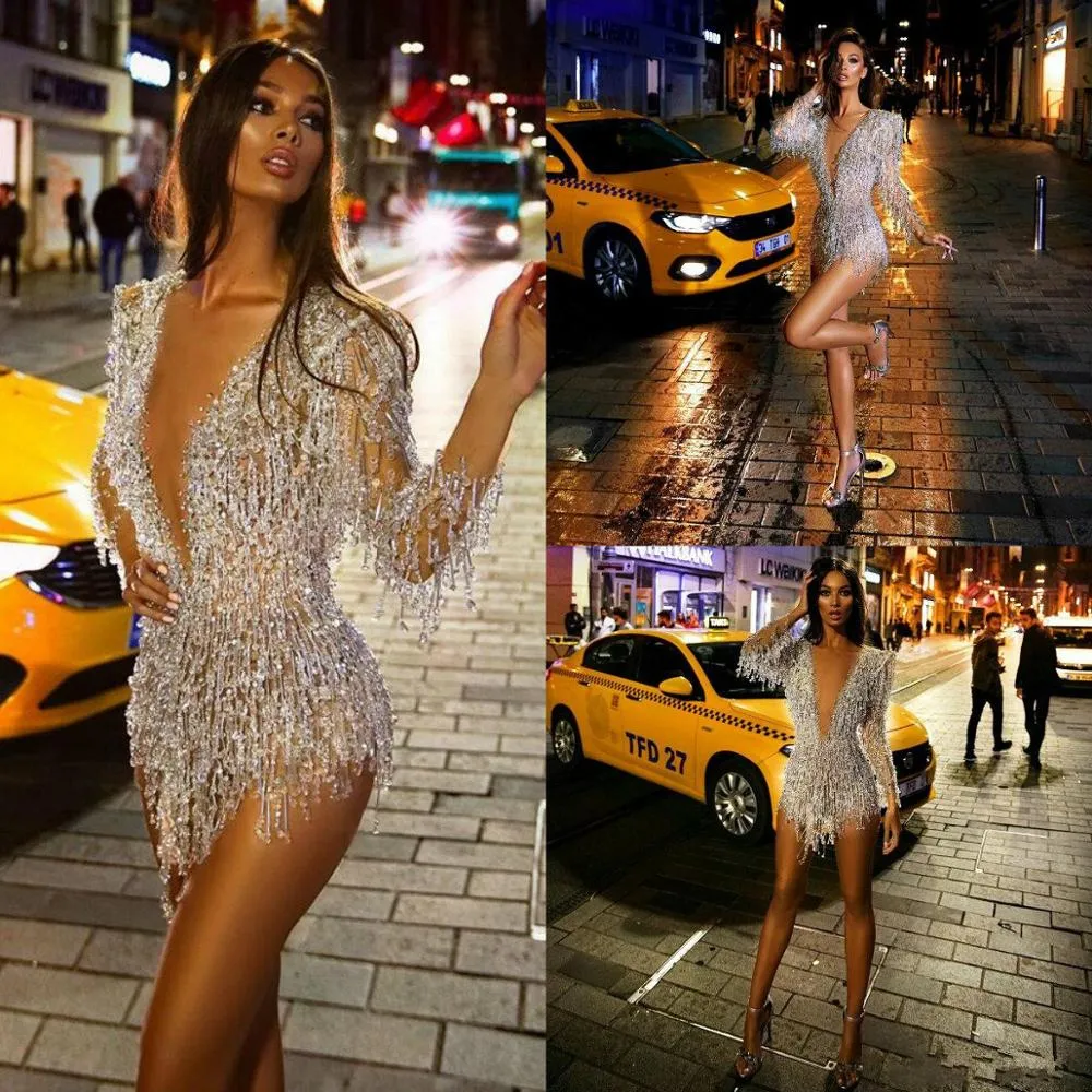 Long Sleeve Deep V Neck Crystal Beads Dress