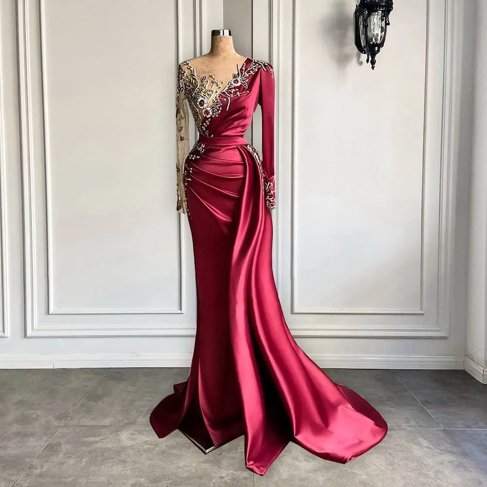 Long Sleeve Sheer O-neck Beaded Crystals Mermaid Style Evening Dress