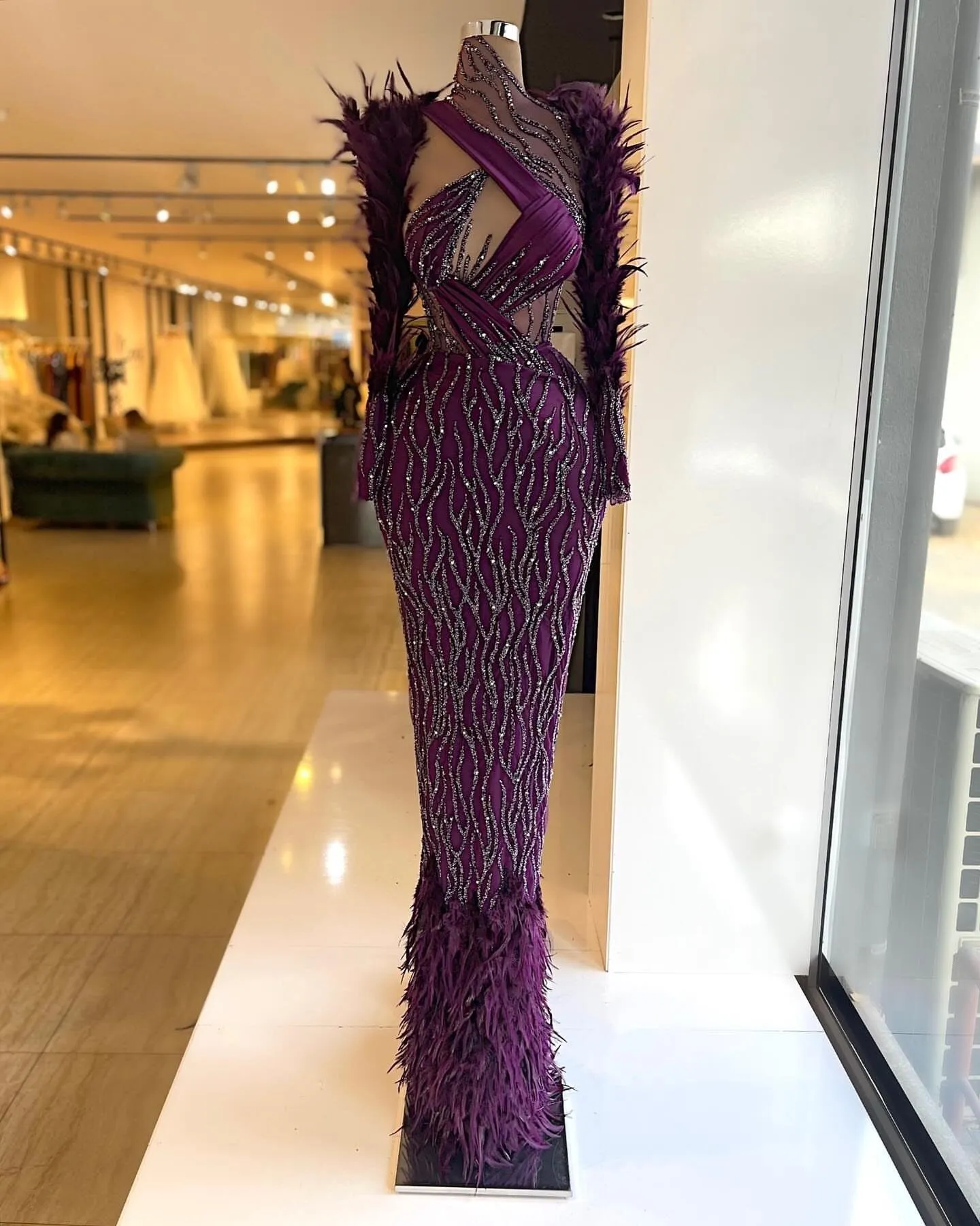 Long Sleeves Feathers Sequins Sparkly Women Long Elegant Evening Pageant Gowns