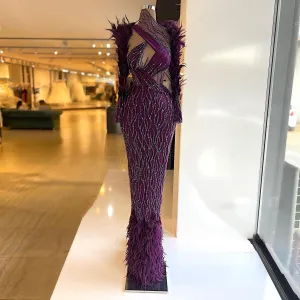 Long Sleeves Feathers Sequins Sparkly Women Long Elegant Evening Pageant Gowns