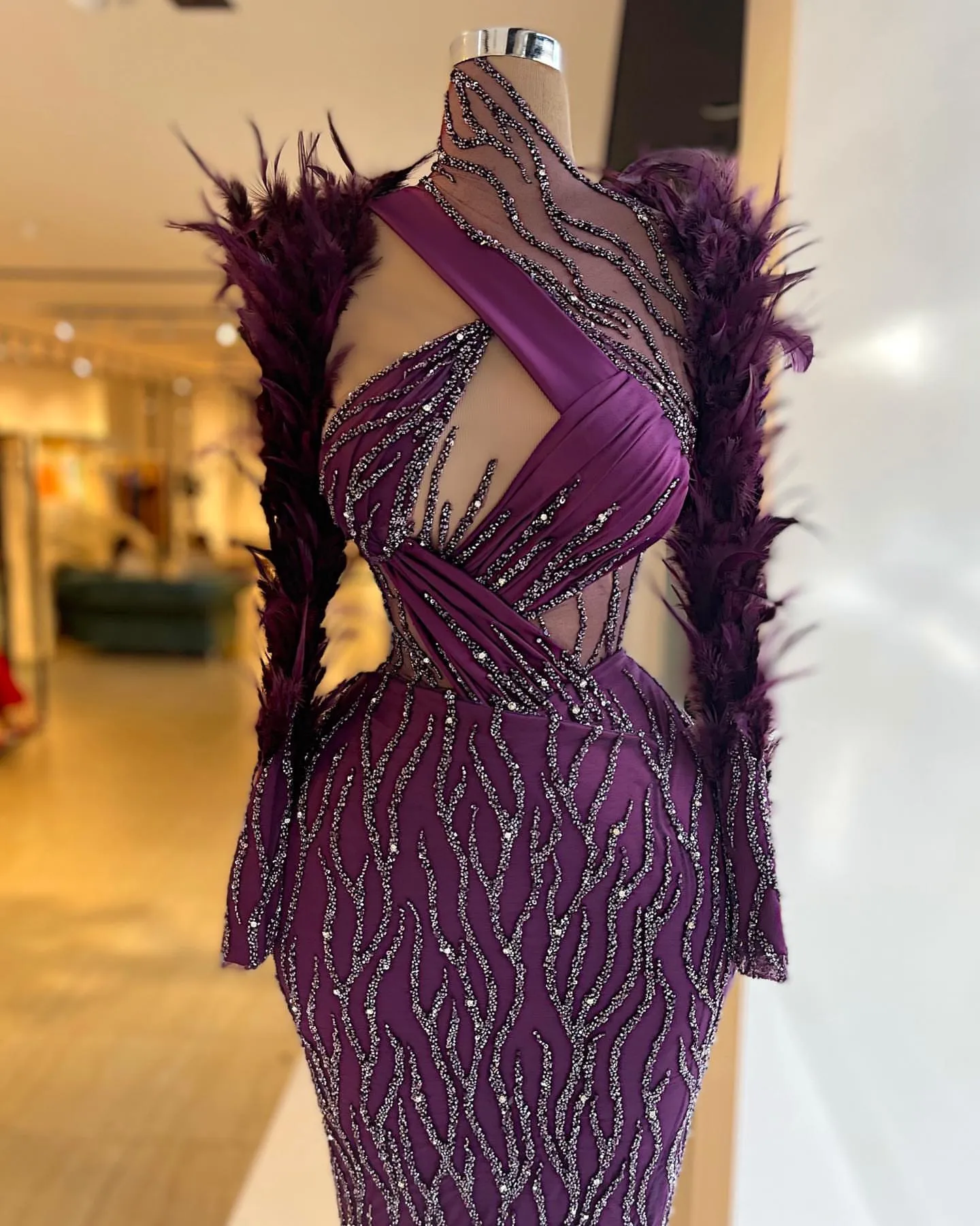 Long Sleeves Feathers Sequins Sparkly Women Long Elegant Evening Pageant Gowns