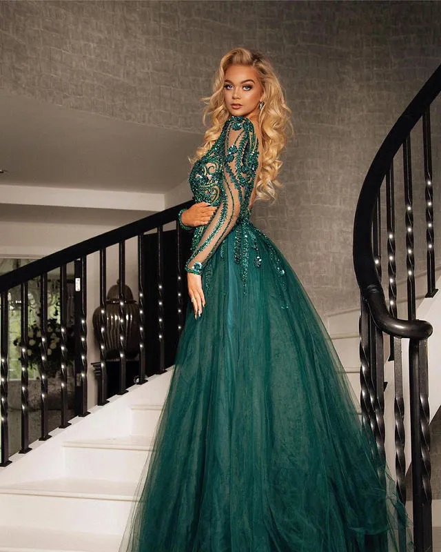 Long Sleeves Green Sequined Floor-length Dress