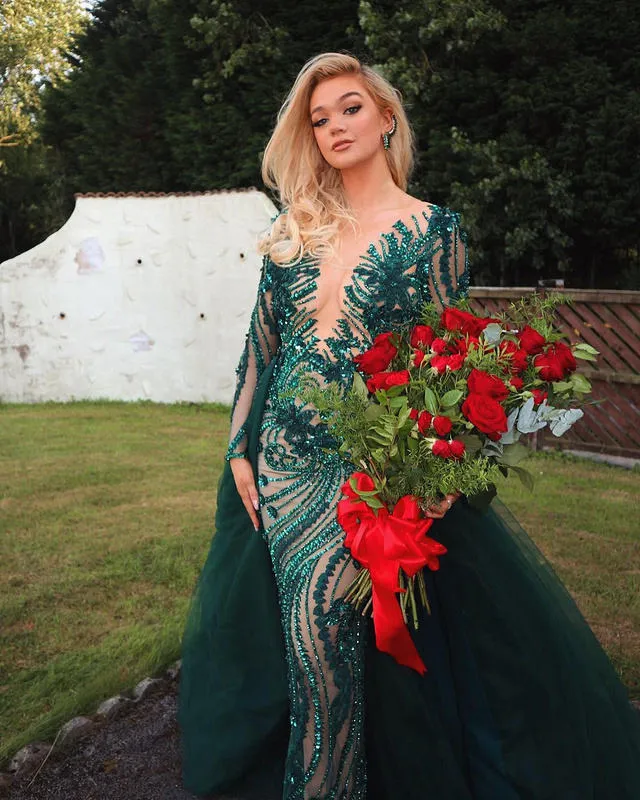 Long Sleeves Green Sequined Floor-length Dress