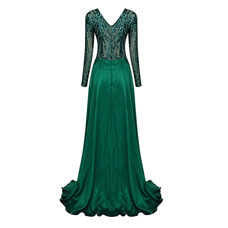 Long Sleeves Green Sequined Floor-length Dress