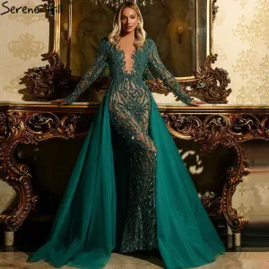 Long Sleeves Green Sequined Floor-length Dress