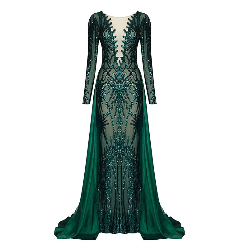 Long Sleeves Green Sequined Floor-length Dress