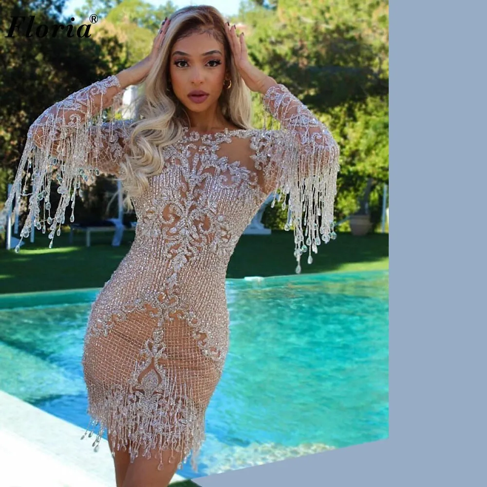 Long Sleeves Silver Crystals Dress