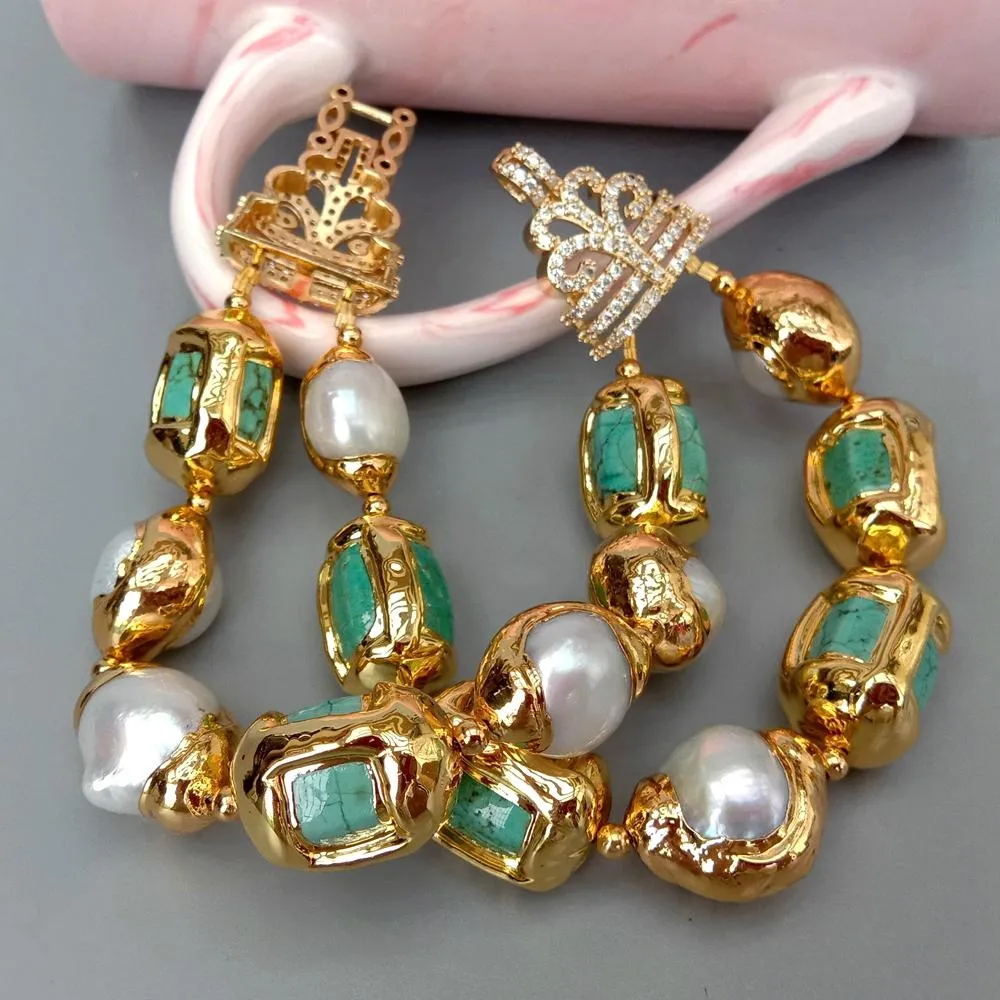 Luxury 13x20mm Green Turquoise Nugget White Freshwater Pearl With Electroplated Edge Bracelet