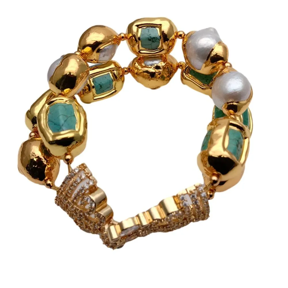 Luxury 13x20mm Green Turquoise Nugget White Freshwater Pearl With Electroplated Edge Bracelet