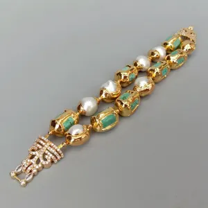 Luxury 13x20mm Green Turquoise Nugget White Freshwater Pearl With Electroplated Edge Bracelet