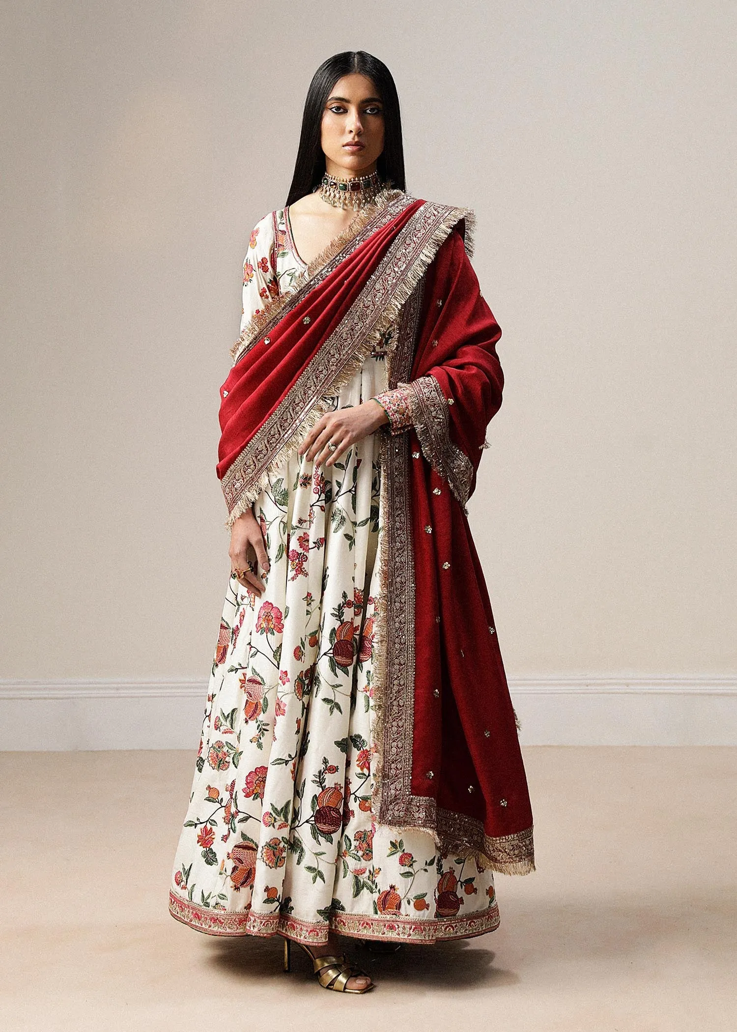 Luxury Floral Printed Pakistani Party Wear Long Frock Pishwas Style