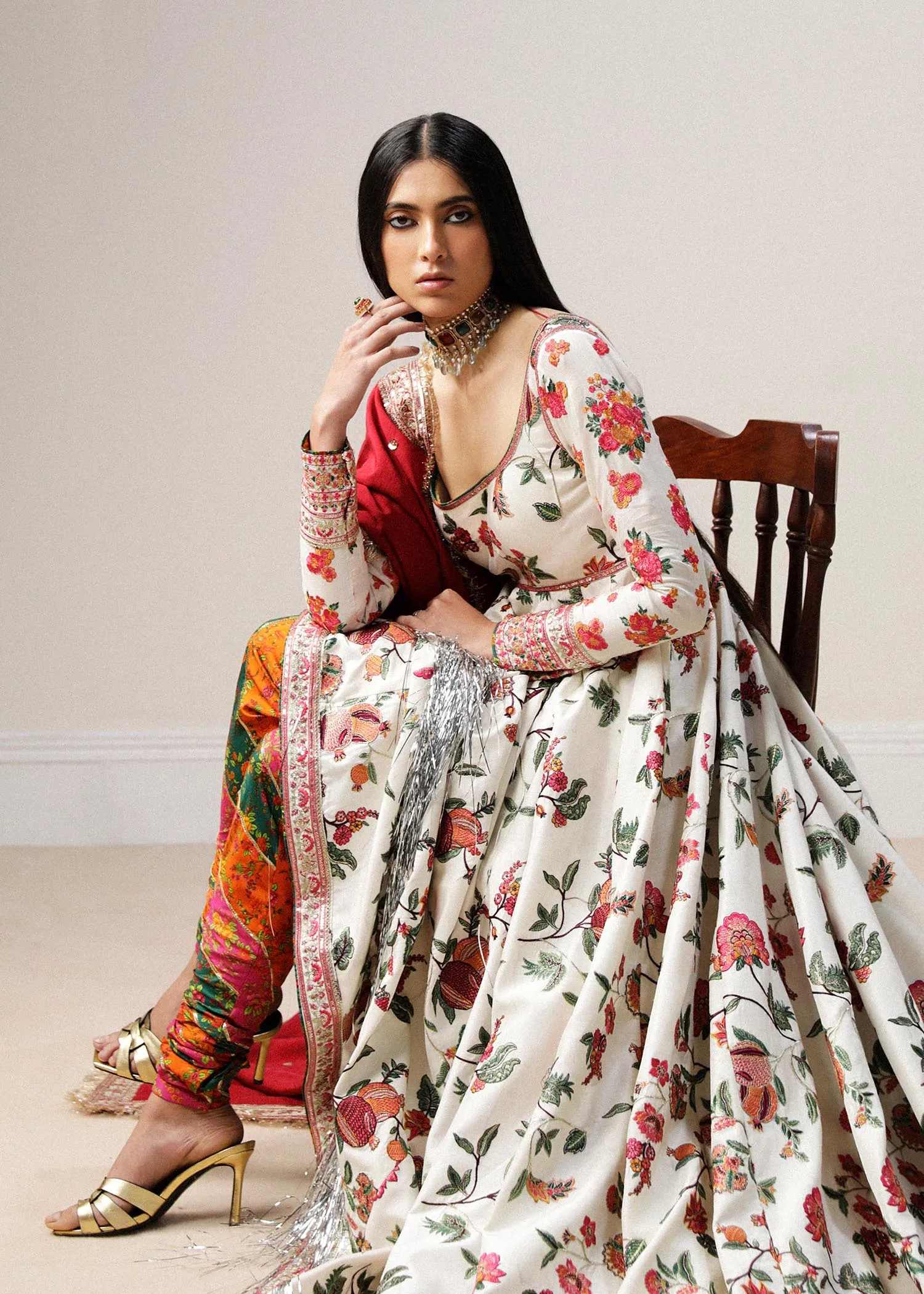 Luxury Floral Printed Pakistani Party Wear Long Frock Pishwas Style