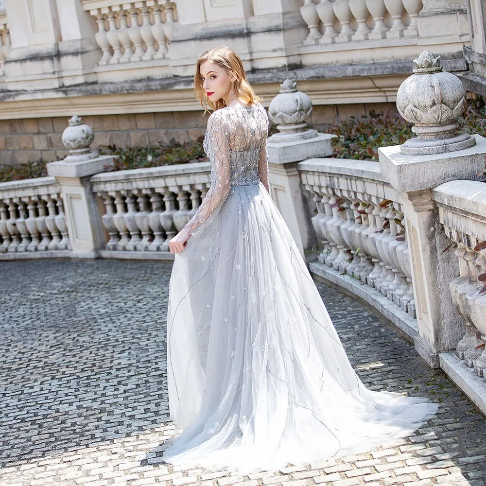 Luxury Silver Long Sleeve Evening Dresses Deep V Neck Tulle Diamonds Beaded Dress Party Evening Gown