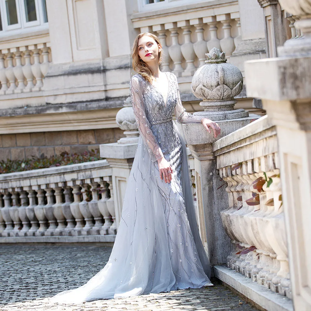 Luxury Silver Long Sleeve Evening Dresses Deep V Neck Tulle Diamonds Beaded Dress Party Evening Gown