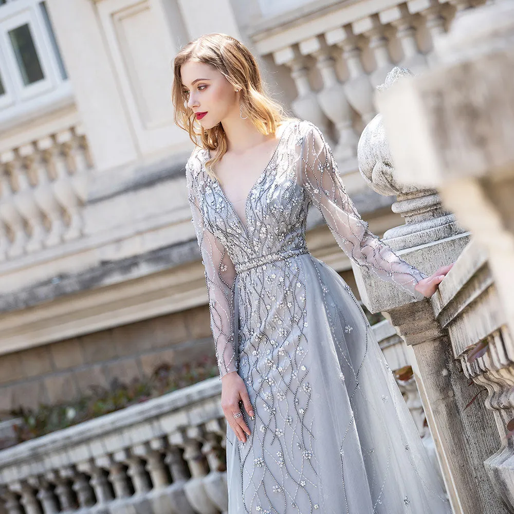 Luxury Silver Long Sleeve Evening Dresses Deep V Neck Tulle Diamonds Beaded Dress Party Evening Gown