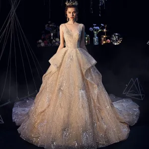 Luxury Starry Sky Wedding Dress Fairy Ruffle Ruched Sequin Beading Appliques Chapel Train Bridal Dress