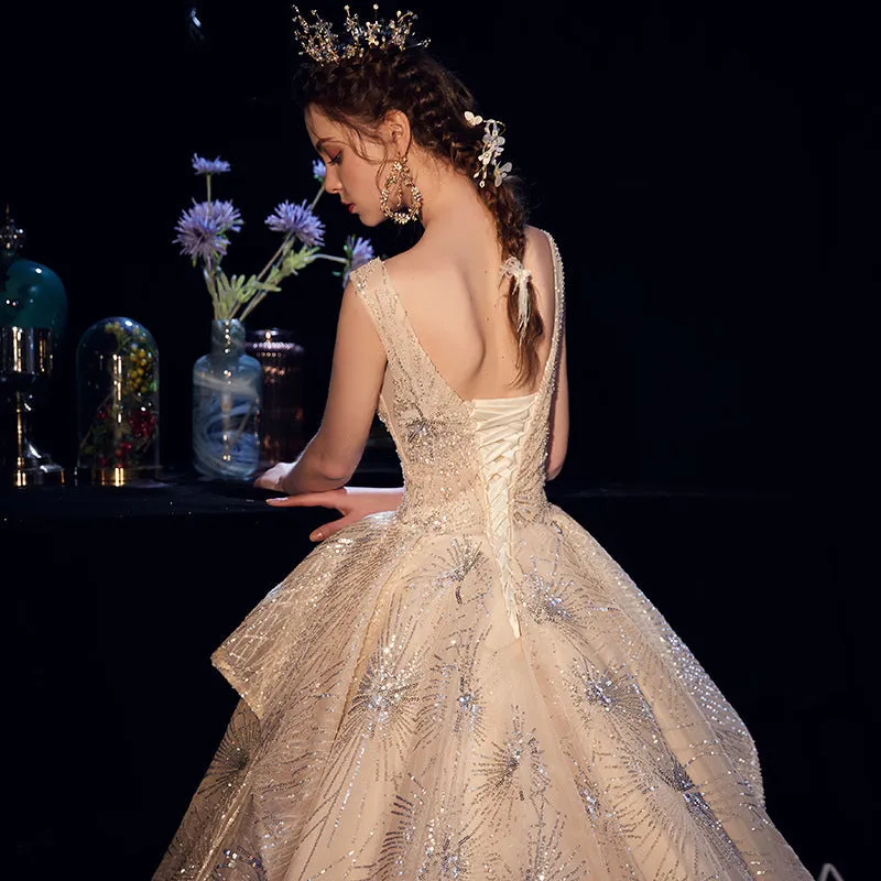 Luxury Starry Sky Wedding Dress Fairy Ruffle Ruched Sequin Beading Appliques Chapel Train Bridal Dress