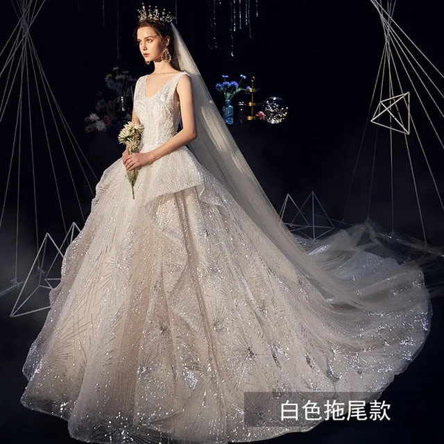 Luxury Starry Sky Wedding Dress Fairy Ruffle Ruched Sequin Beading Appliques Chapel Train Bridal Dress