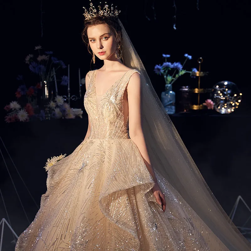 Luxury Starry Sky Wedding Dress Fairy Ruffle Ruched Sequin Beading Appliques Chapel Train Bridal Dress