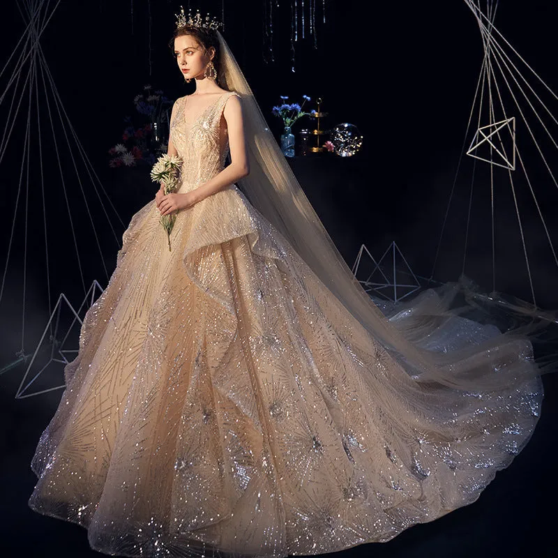 Luxury Starry Sky Wedding Dress Fairy Ruffle Ruched Sequin Beading Appliques Chapel Train Bridal Dress