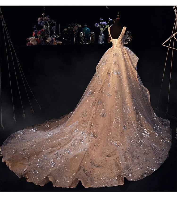 Luxury Starry Sky Wedding Dress Fairy Ruffle Ruched Sequin Beading Appliques Chapel Train Bridal Dress