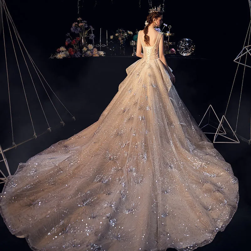 Luxury Starry Sky Wedding Dress Fairy Ruffle Ruched Sequin Beading Appliques Chapel Train Bridal Dress