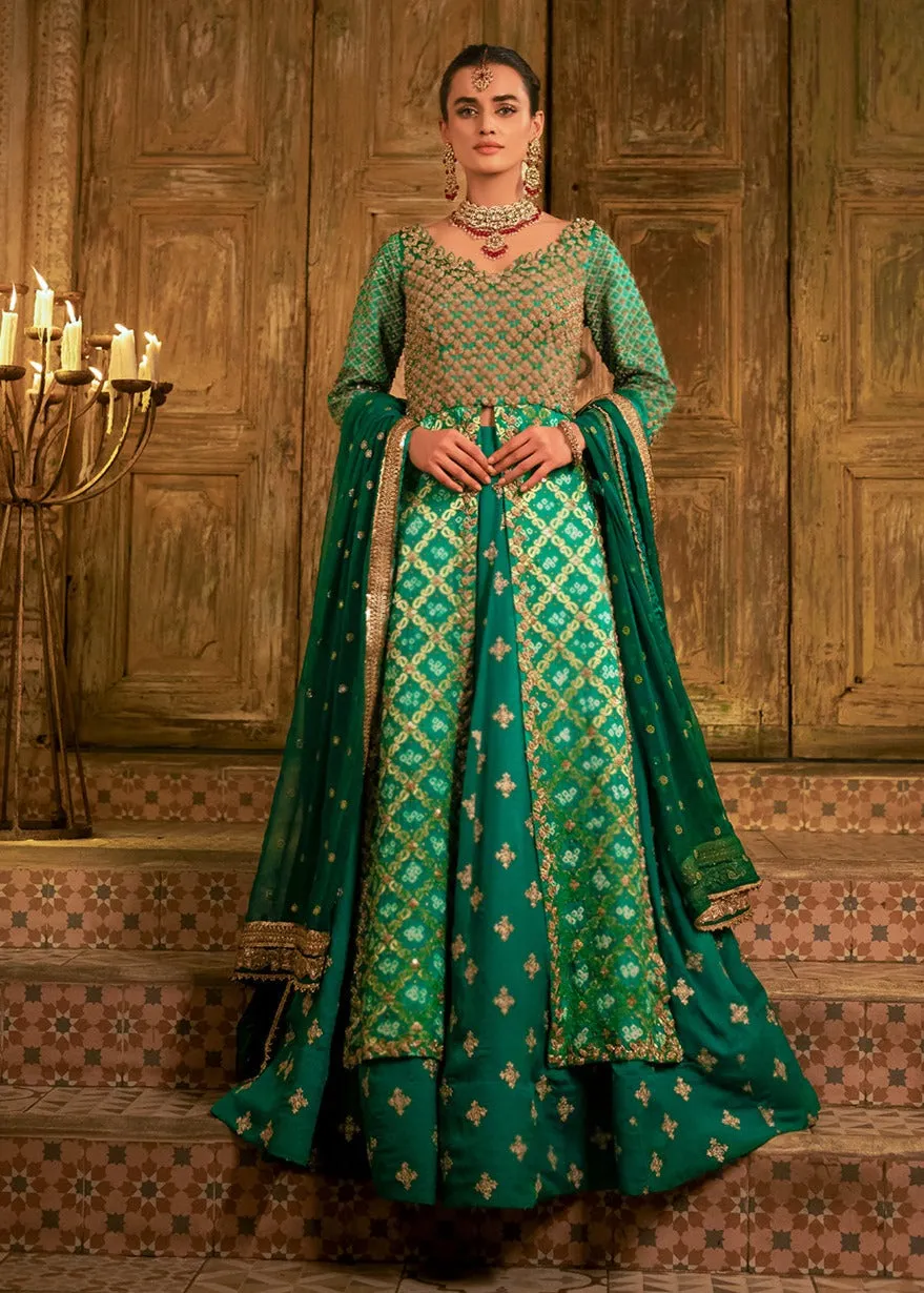 Mehndi Dress in Green Lehenga and Open Kameez Style