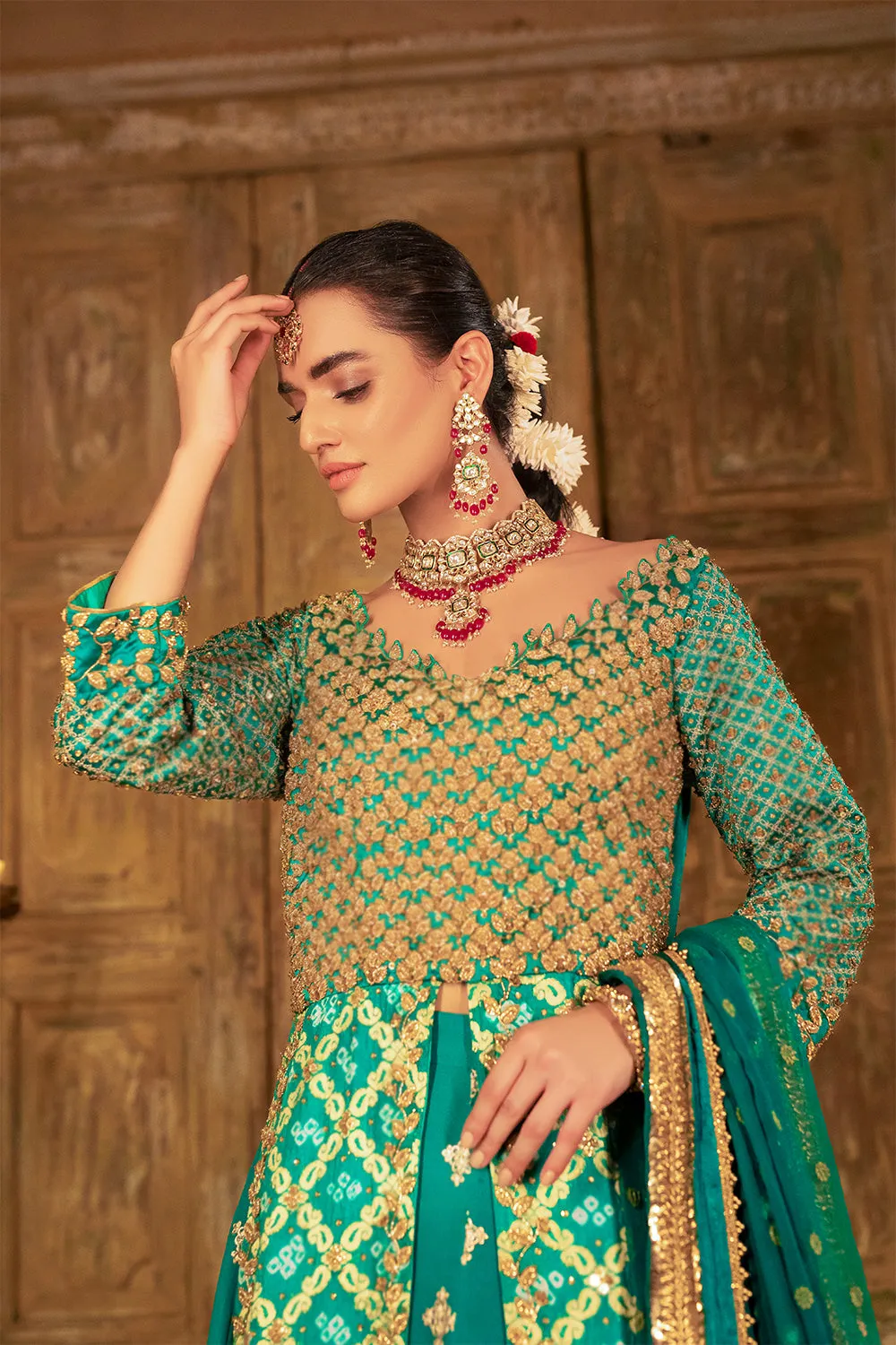 Mehndi Dress in Green Lehenga and Open Kameez Style