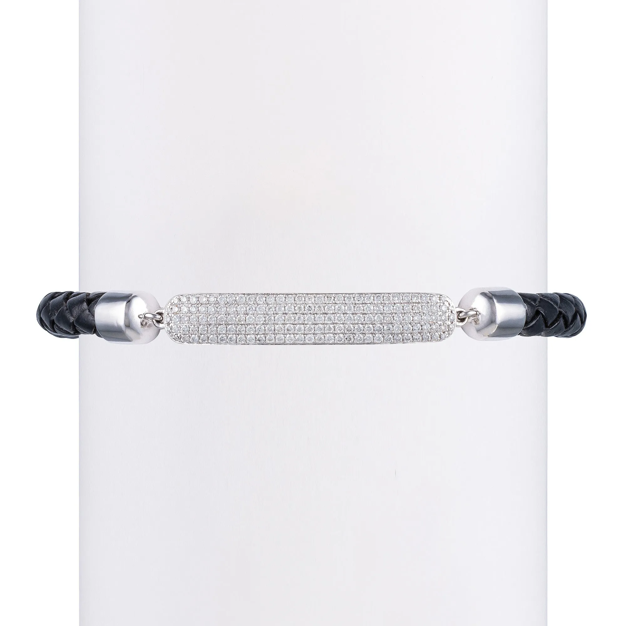 Men's Full White Diamond Bar & Leather Bracelet