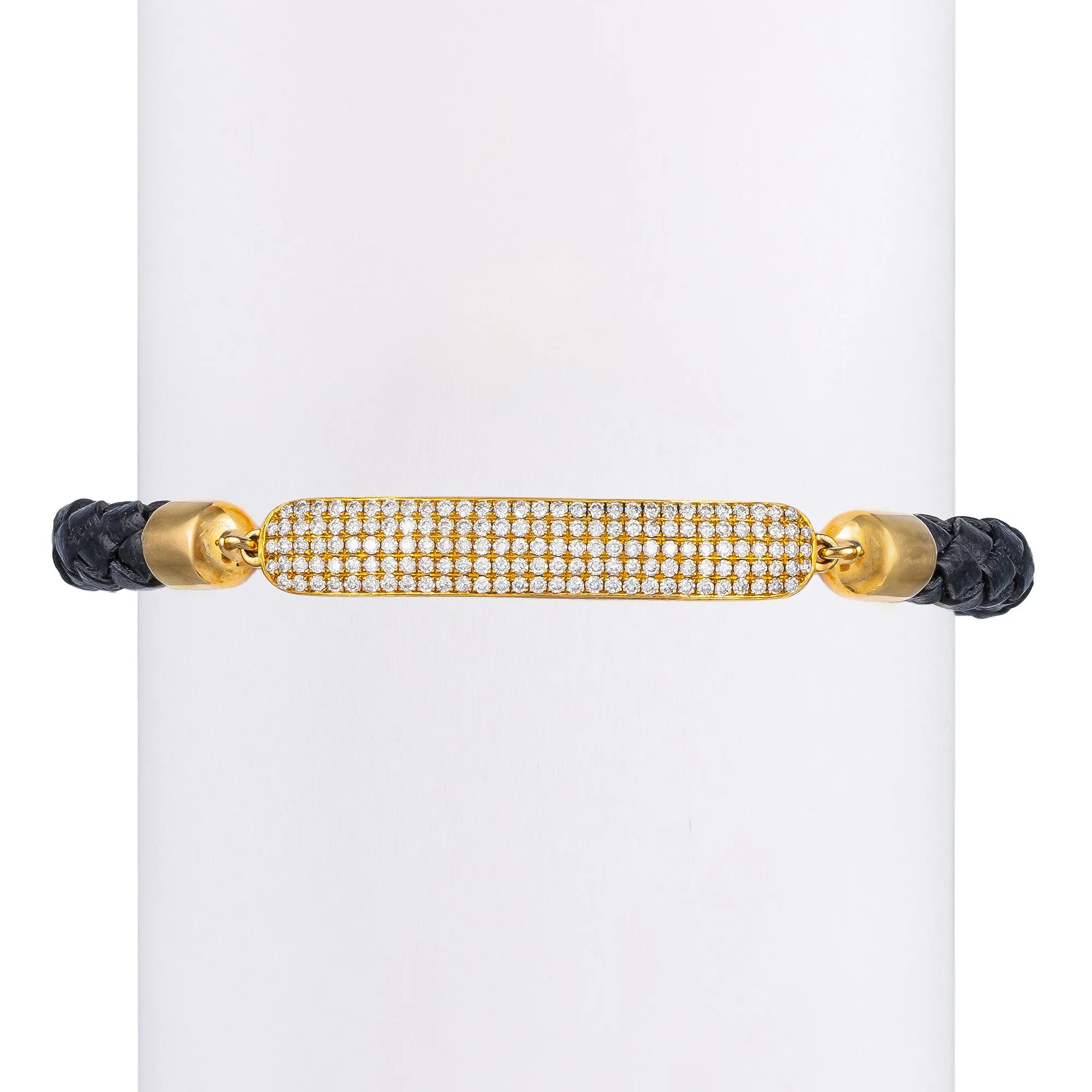 Men's Full White Diamond Bar & Leather Bracelet