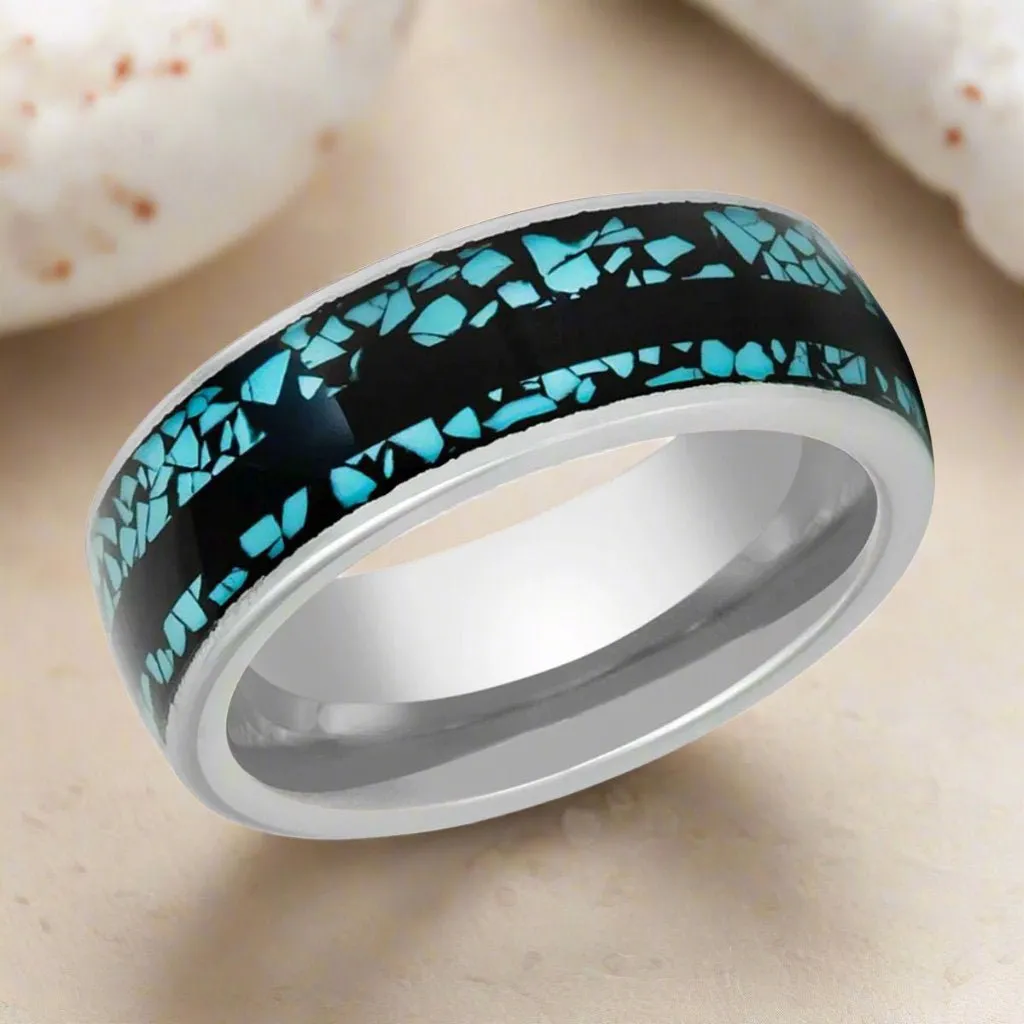 MOSAIC | Silver Tungsten Ring, Turquoise Fragments Inlay, Black Strip, Domed