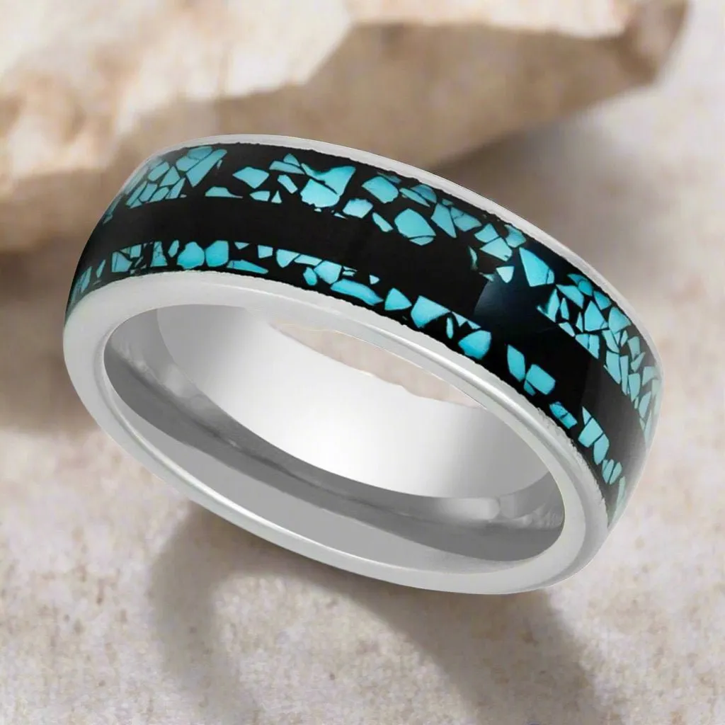 MOSAIC | Silver Tungsten Ring, Turquoise Fragments Inlay, Black Strip, Domed