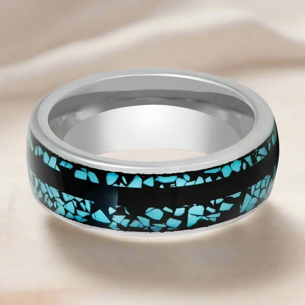 MOSAIC | Silver Tungsten Ring, Turquoise Fragments Inlay, Black Strip, Domed