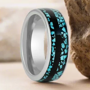 MOSAIC | Silver Tungsten Ring, Turquoise Fragments Inlay, Black Strip, Domed