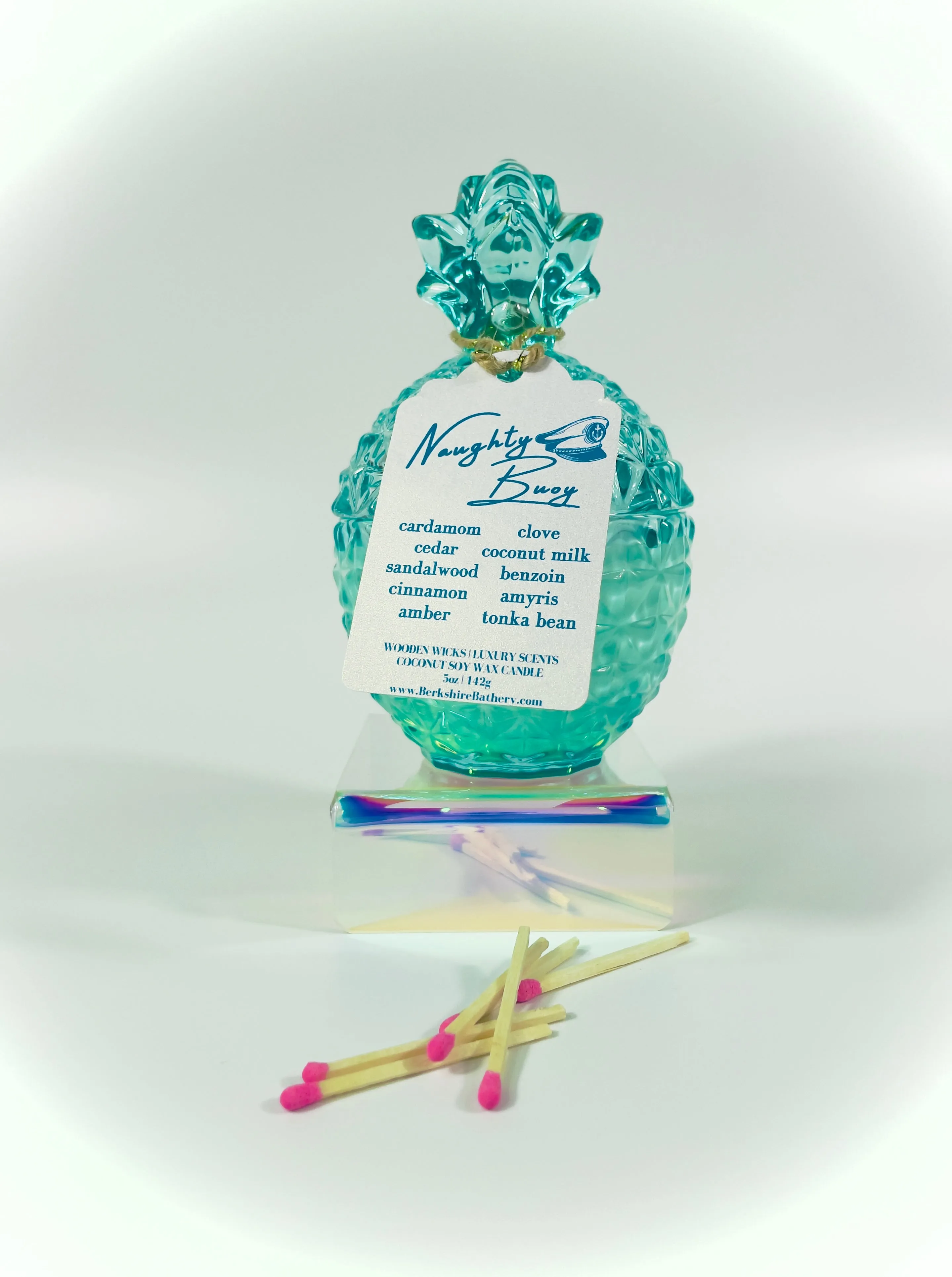 NAUGHTY BUOY - Turquoise Glass Pineapple | 5oz Two Piece Wood Wick Candle