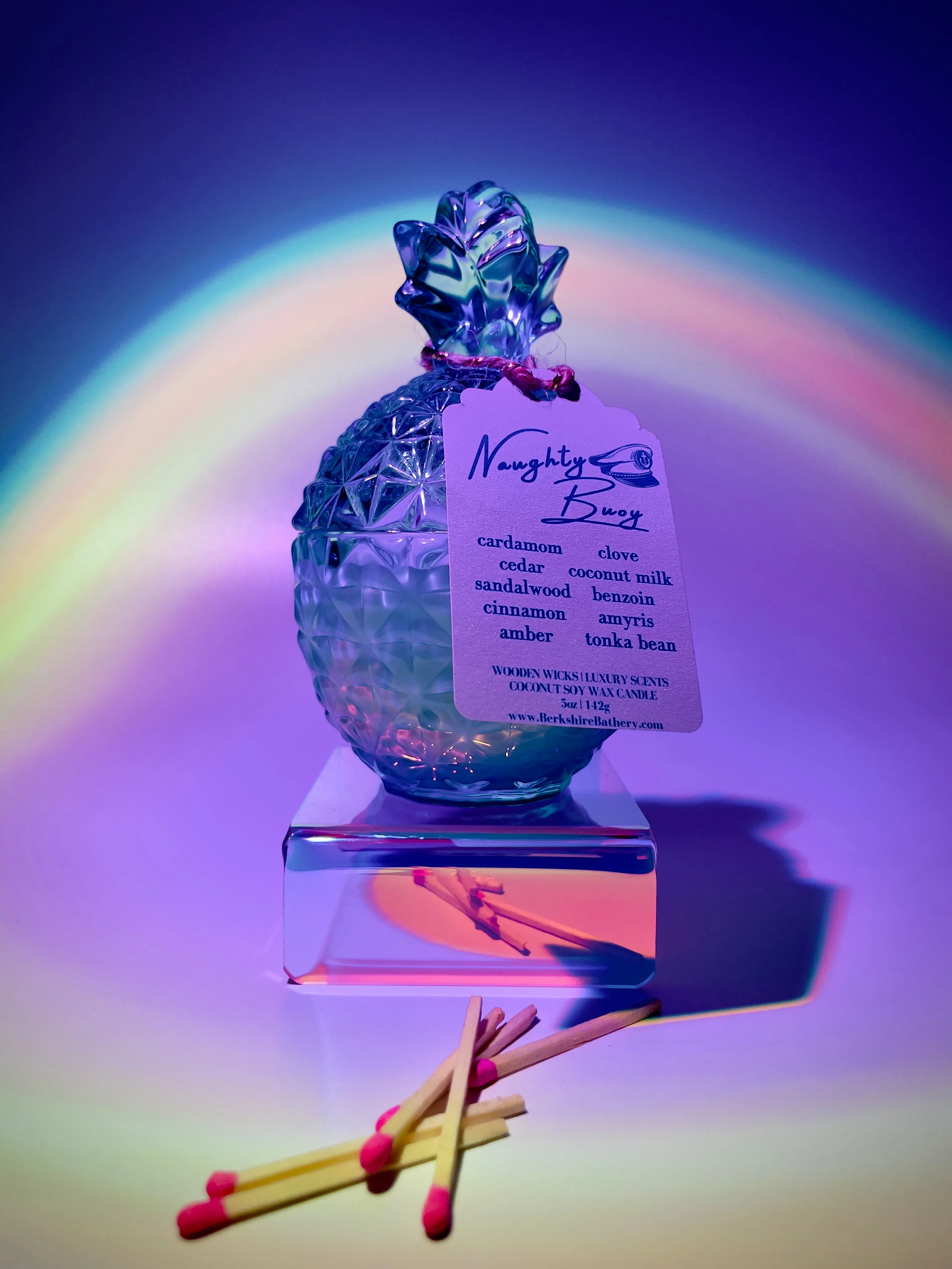 NAUGHTY BUOY - Turquoise Glass Pineapple | 5oz Two Piece Wood Wick Candle