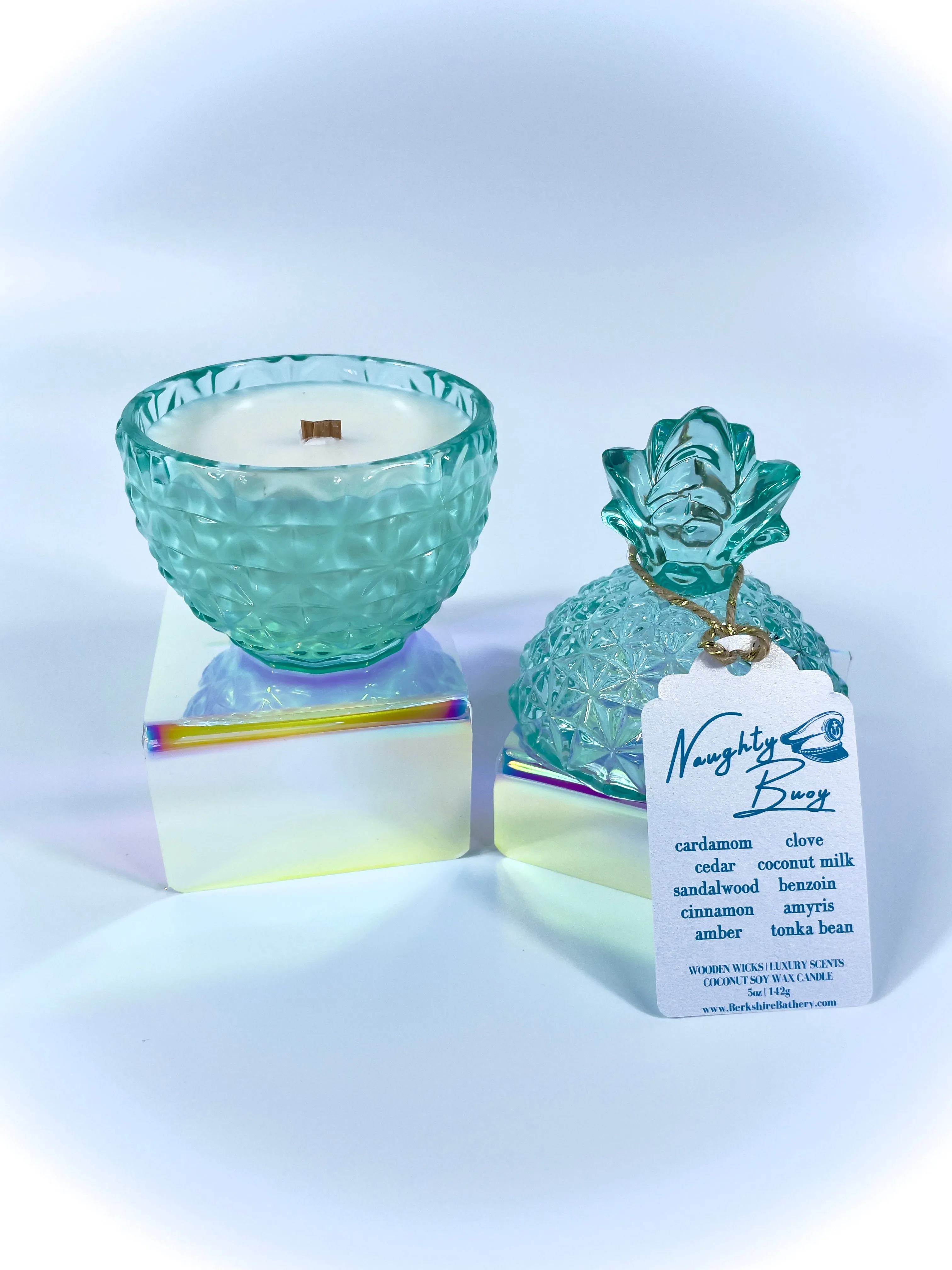 NAUGHTY BUOY - Turquoise Glass Pineapple | 5oz Two Piece Wood Wick Candle