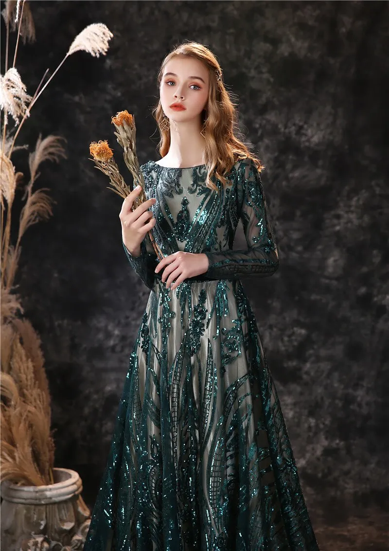 New A-line Long Sleeves Illusion Lace-up Sweep Train Boat Neck Luxury Evening Dress
