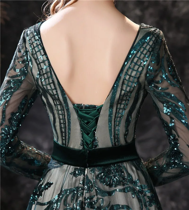 New A-line Long Sleeves Illusion Lace-up Sweep Train Boat Neck Luxury Evening Dress