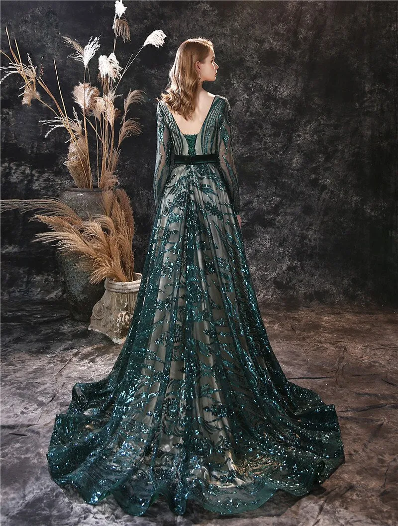 New A-line Long Sleeves Illusion Lace-up Sweep Train Boat Neck Luxury Evening Dress