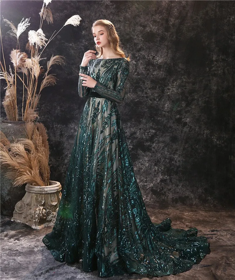 New A-line Long Sleeves Illusion Lace-up Sweep Train Boat Neck Luxury Evening Dress