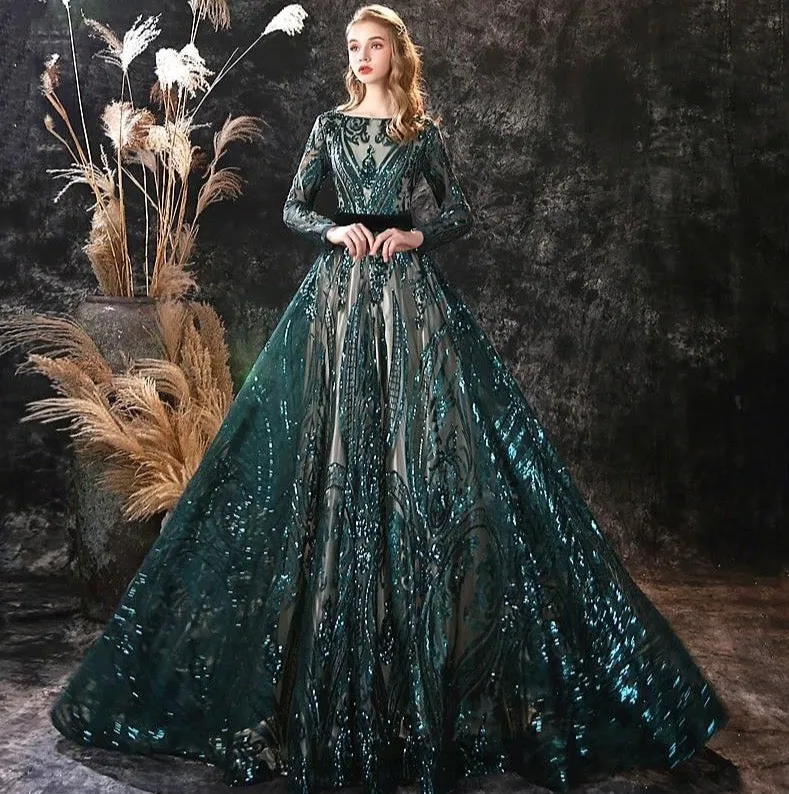 New A-line Long Sleeves Illusion Lace-up Sweep Train Boat Neck Luxury Evening Dress
