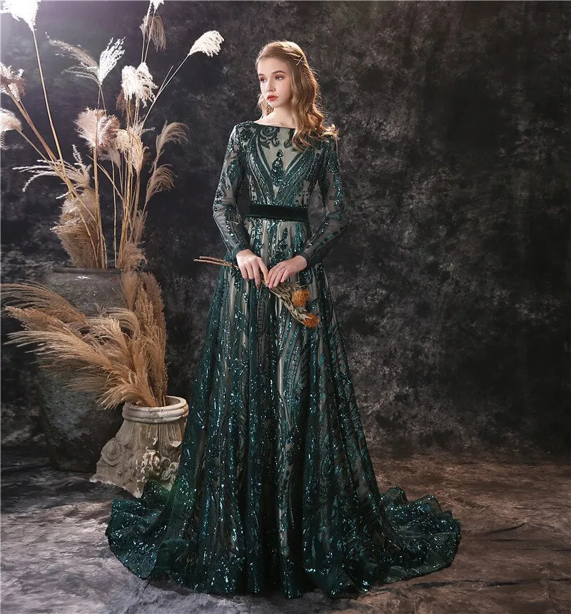 New A-line Long Sleeves Illusion Lace-up Sweep Train Boat Neck Luxury Evening Dress