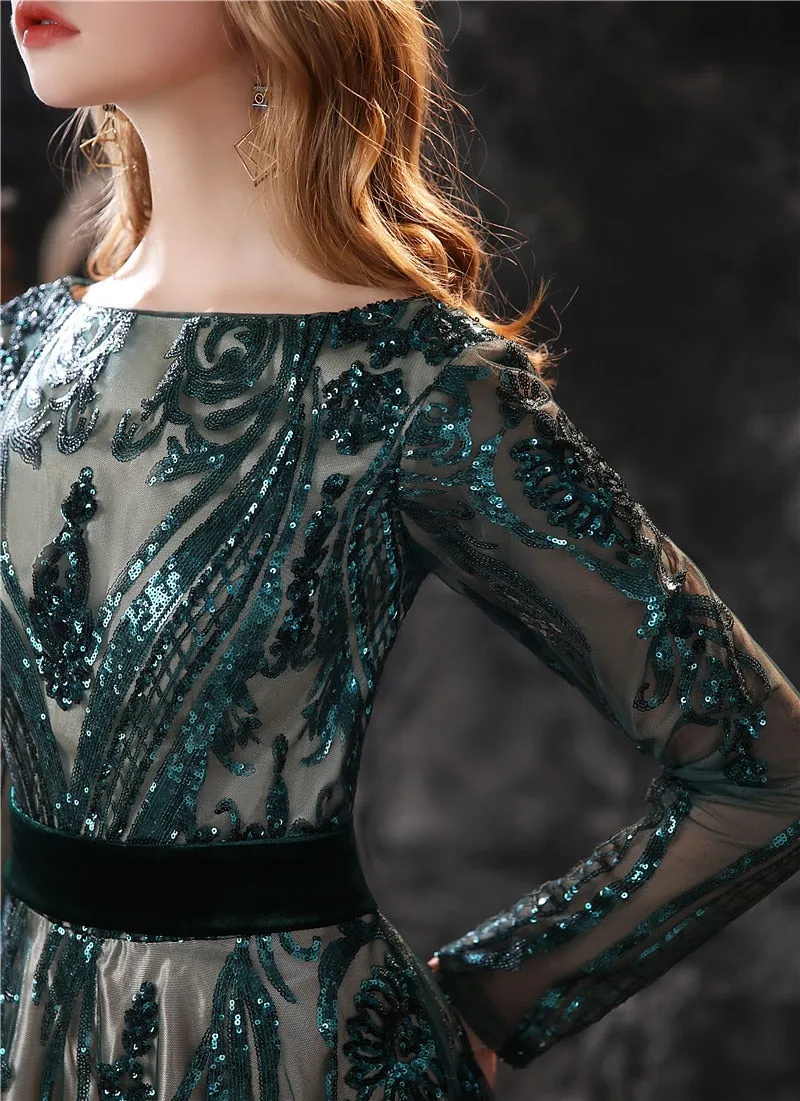 New A-line Long Sleeves Illusion Lace-up Sweep Train Boat Neck Luxury Evening Dress
