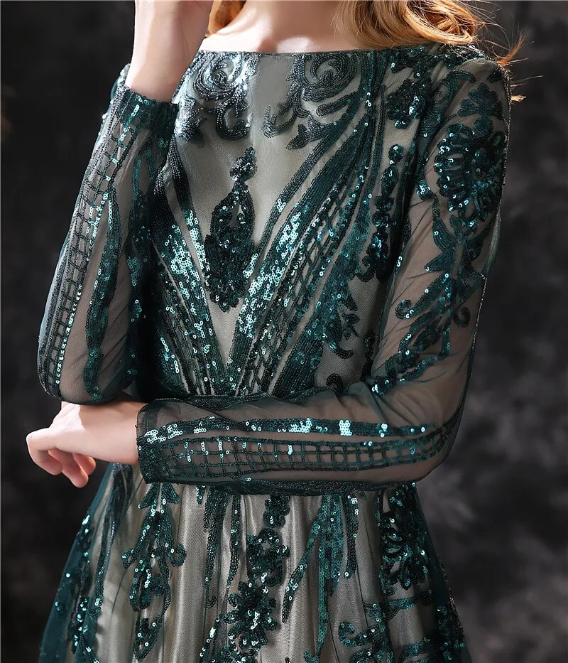 New A-line Long Sleeves Illusion Lace-up Sweep Train Boat Neck Luxury Evening Dress